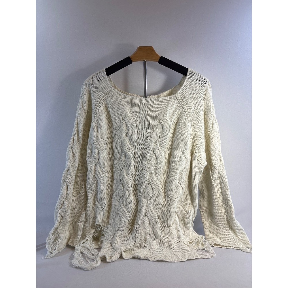 Miracle USA Cable Knit Distressed Fringe Cream Sweater M/L Boho Grunge